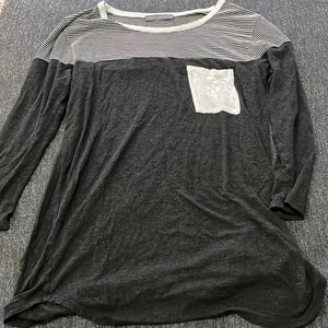 Loveappella Black Long Sleeve Tee with Striped Yoke and White Pocket